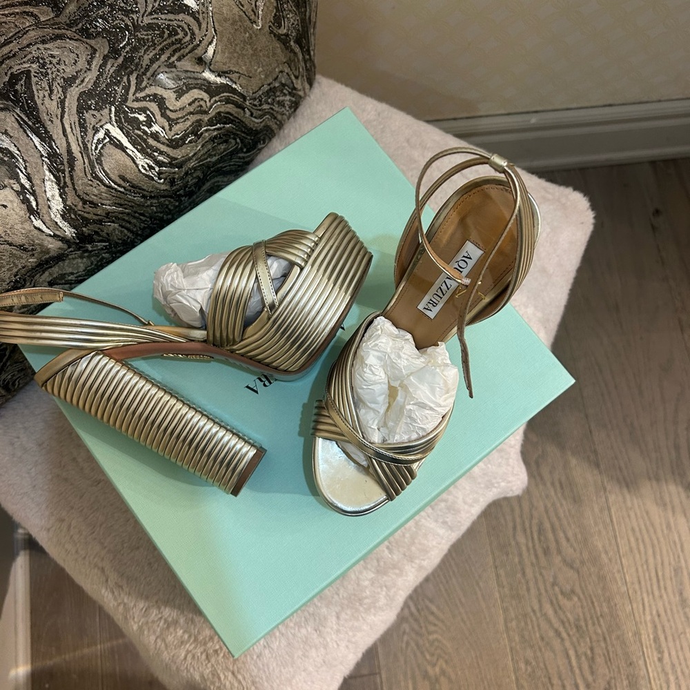 Aquazzura Metallic Gold Ribbed Platform Sandals